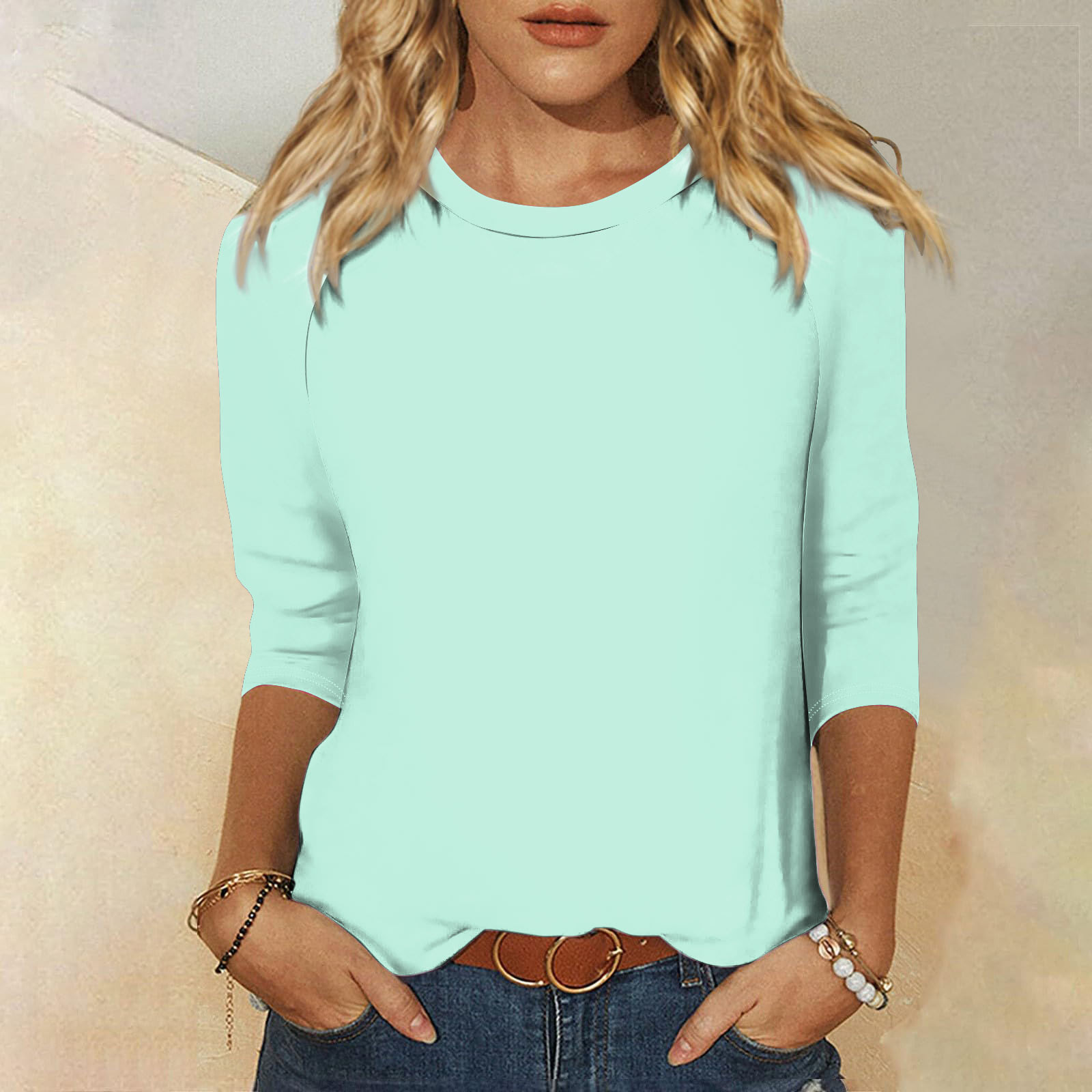 thumbnail image 2 of Camisa raglán informal de manga 3/4 para mujer, cuello redondo, poliéster, color liso, estilo informal y moderno, tallas S-XXL, 2 of 5